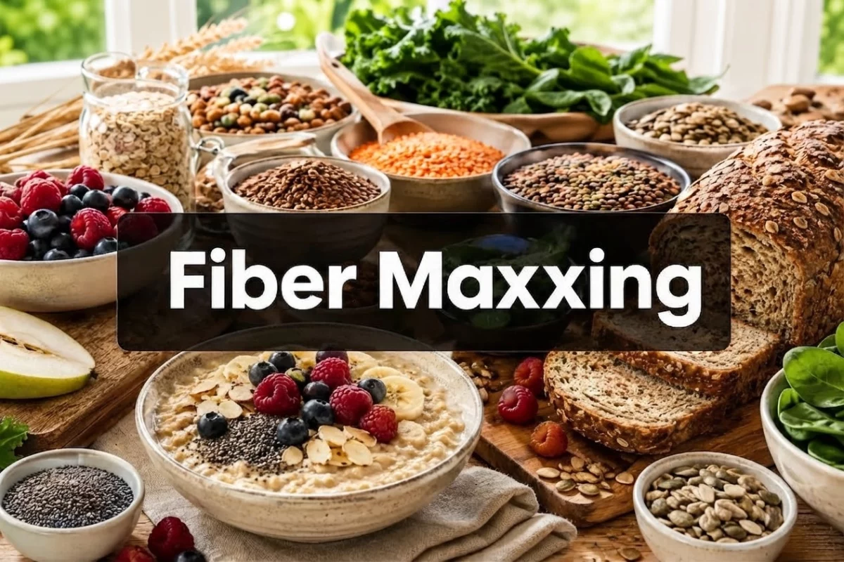 Fiber Maxxing mit ballaststoffreichen Lebensmitteln wie Haferflocken, Beeren, Linsen und Vollkornbrot