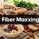 Fiber Maxxing mit ballaststoffreichen Lebensmitteln wie Haferflocken, Beeren, Linsen und Vollkornbrot