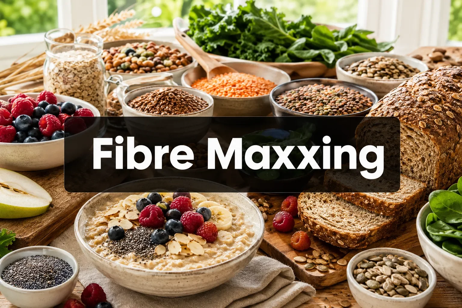Fibre Maxxing mit ballaststoffreichen Lebensmitteln wie Haferflocken, Beeren, Linsen und Vollkornbrot