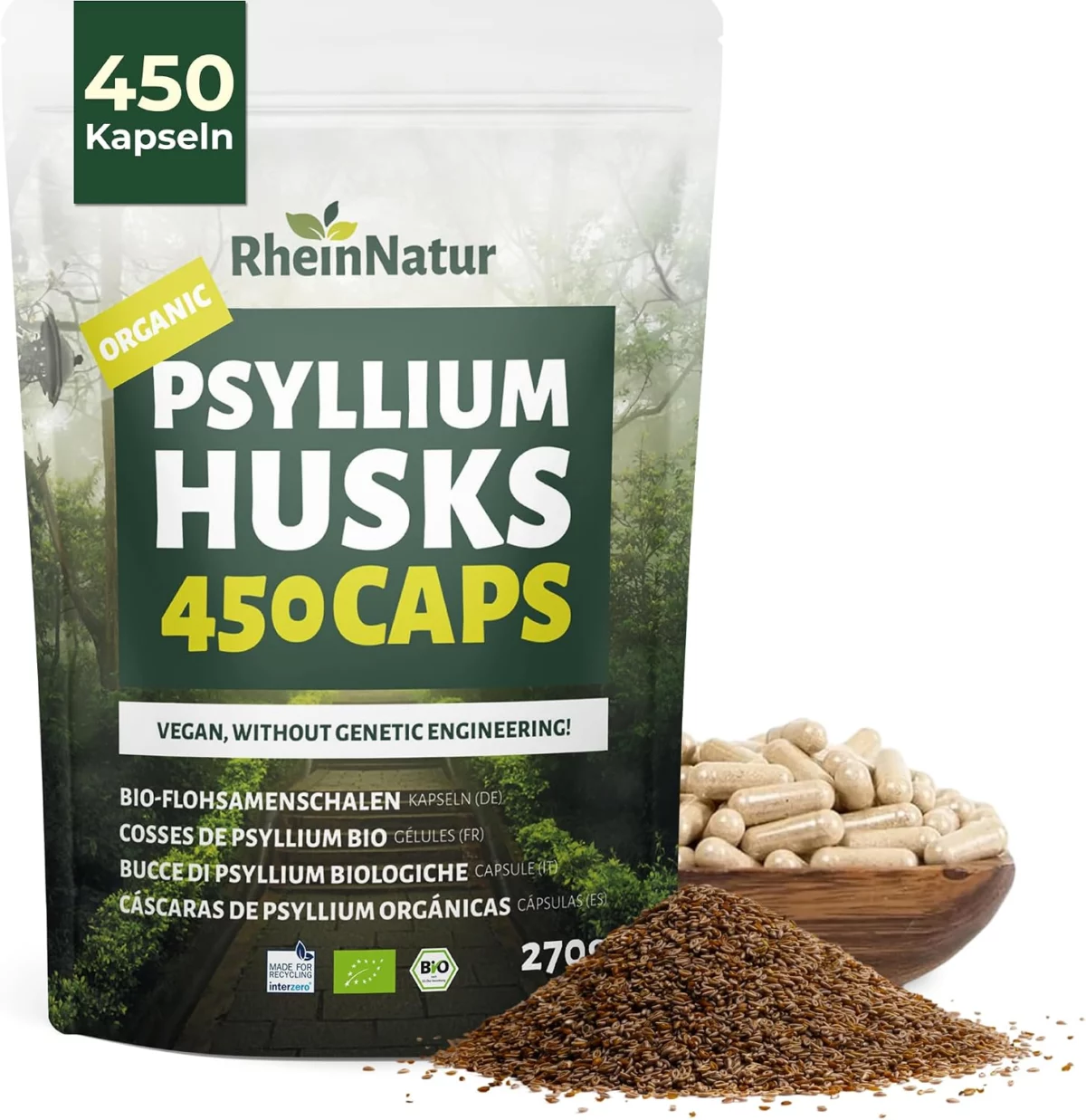 RheinNatur Bio Flohsamenschalen Kapseln 450 Stk hochdosiert (3.000 mg je Portion) Hergestellt in DE Psyllium Husk