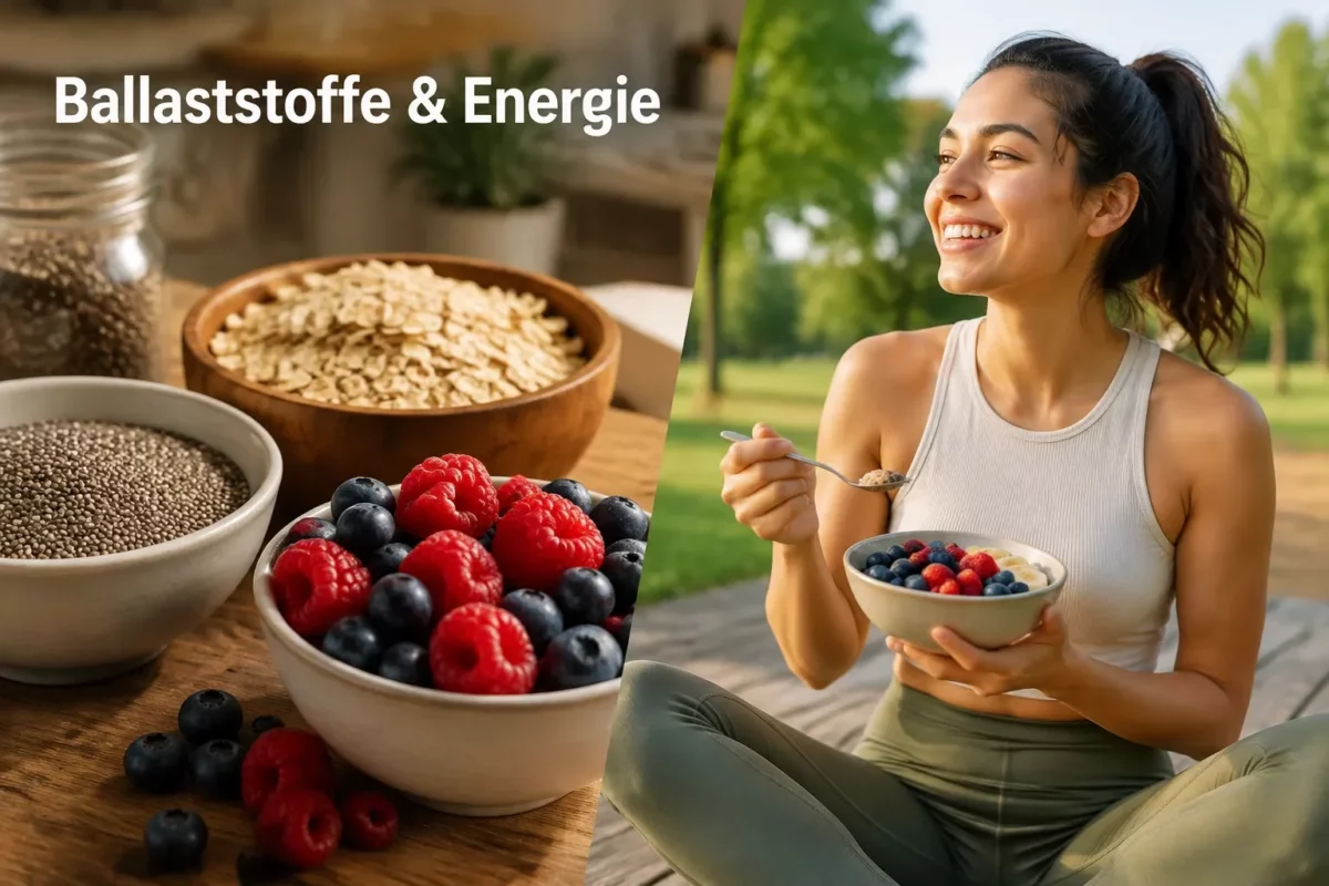 Ballaststoffreichewhole foods wie Chiasamen, Hafer und Beeren. was gute Verdauung und Energie symbolisiert.